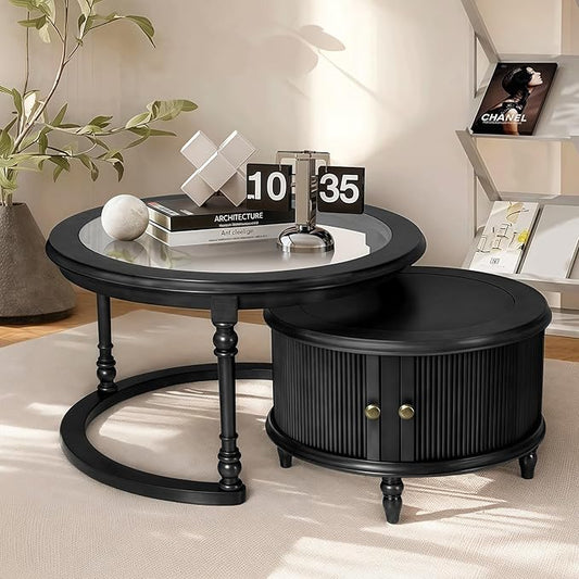 31.5'' Black Nesting Coffee Table Set of 2, Solid Wood Round Nesting Coffee Table Fluted with Storage for Living Room Office