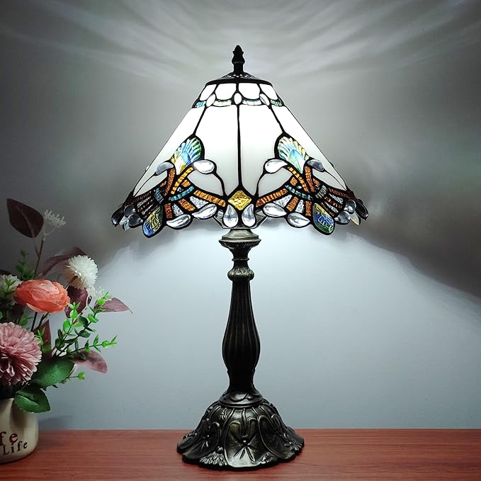 Tiffany Lamp White Baroque Style Stained Glass Lamp 12X12X19 inch Vintage Bedroom Table lamp 3-Way Tiffany Style Reading Desk Light for Home Living Room Office Include Light Bulb