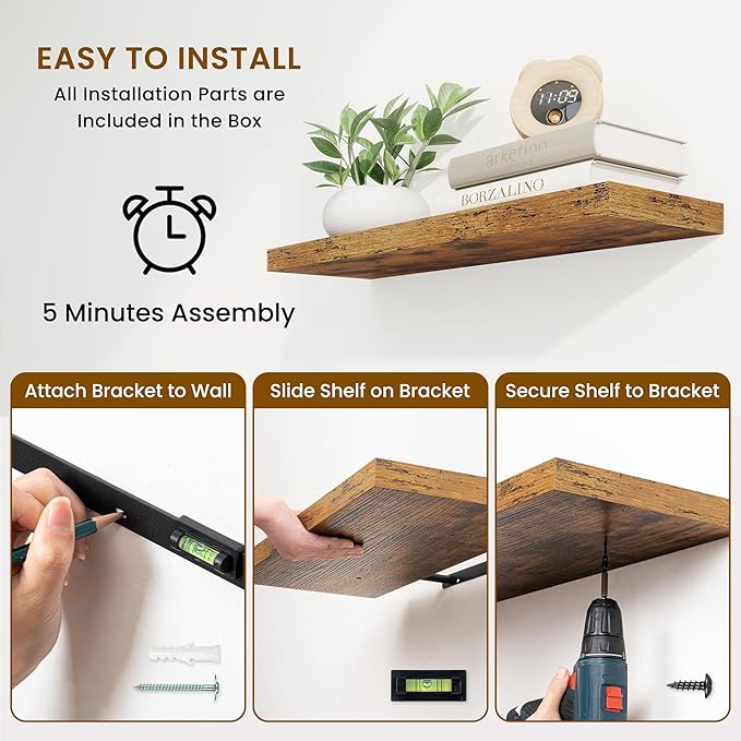 Fun Memories 36 Inch Floating Shelves, 9.3 Inch Deep Rustic Wall Shelves - Extra Deeper Wall Mounted Storage Shelves for Bathroom, Kitchen, Living Room (Brown, Set of 2)