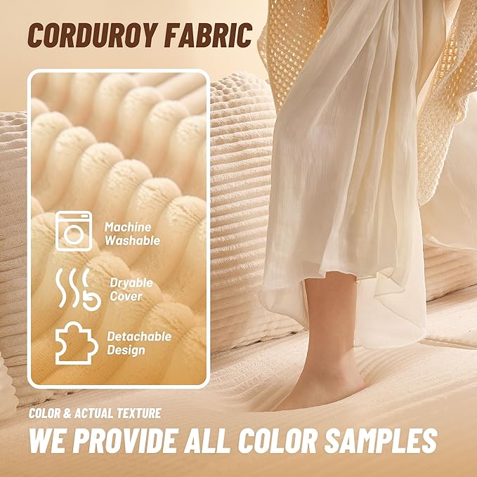 Chaise Lounge Chair, Sleeper Couches, Boneless Couch for Living Room and Bedroom, Corduroy, White