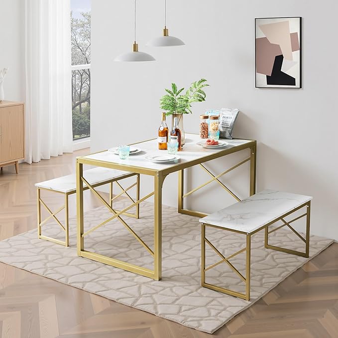 VECELO Kitchen Dining Table Benches Set for 4, 55" Wooden Dinette with 2 Benches, Heavy-Duty Dining Room Table for Small Space, Breakfast Nook, Gold