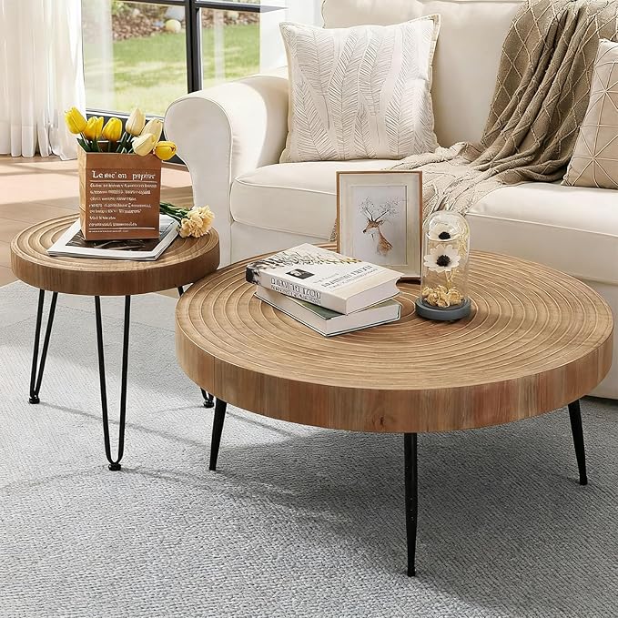 RUSTOWN Farmhouse Round Coffee Table Set of 2, Helical Ring Cocktail Table Set, Modern Circle Natural Wood Finsh Side and End Table Sets for Living Room, Natural