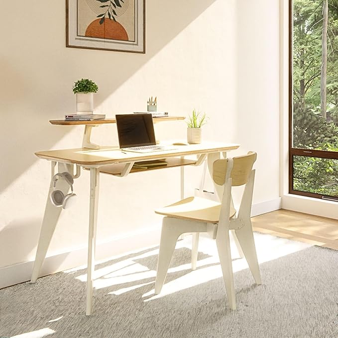 HOEK Modern Collapsible Work from Home Desk Bundle, Durable Laminate Surface, Portable Folding Computer Desk with 47.5" x 23", Easy Tool-Free Assembly, Compact Study and Office Table (Birch/White)