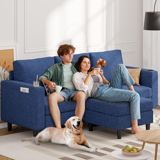 Upholstered Sectional Sofa and Couches, 78'' L Shaped 3-seat Sofa forLiving Room, Apartment, Lounge,Bedroom-Washable Covers Convertible Sofas(Linen Fabric,Blue)