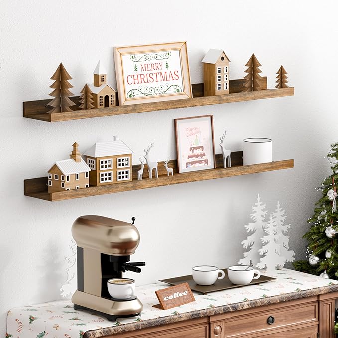 upsimples Floating Shelves for Wall, 35.5 Inch Shelves for Decor Storage Set of 6, Wall Mounted Wood Shelf for Bedroom, Living Room, Bathroom, Kitchen, Long Picture Ledge Shelves, Brown