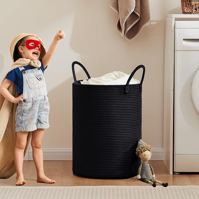 62L Black Woven Rope Hamper Laundry Basket for Clothes Tall Modern Blanket Storage Basket in Living Room Bedroom