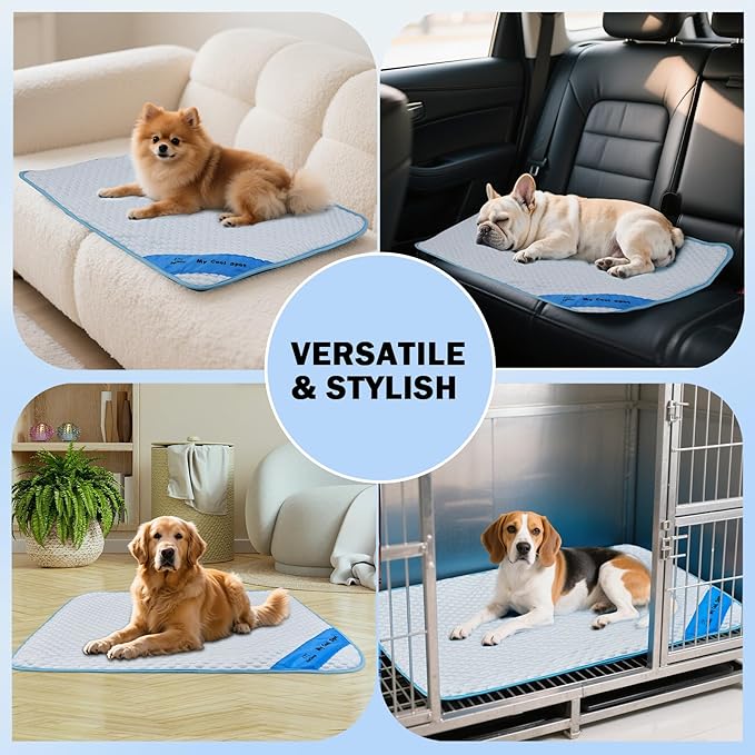 Pet Cooling Mat for Dogs & Cats – Ice-Silk Breathable Washable Foldable Cooling Blanket, Durable Portable Non-Slip Dog Bed for Crate, Kennel, Car & Outdoor Use, Blue (Medium)