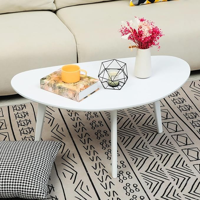 FIRMINANA Small White Oval Coffee Table for Small Space,Simple Modern Table for Apartment or Livingroom Corner,White,18.9" D x 33.47" W x 15.75" H