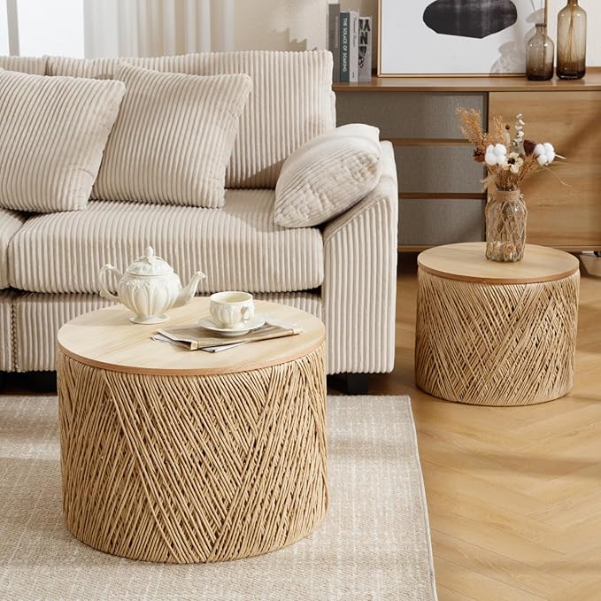 Nesting Coffee Table Set of 2, Round Natural Wood Drum Coffee Tables with Storage Boho Rattan Circle End Table Set for Living Room Bedroom Small Space No Assembly Required, Burlywood