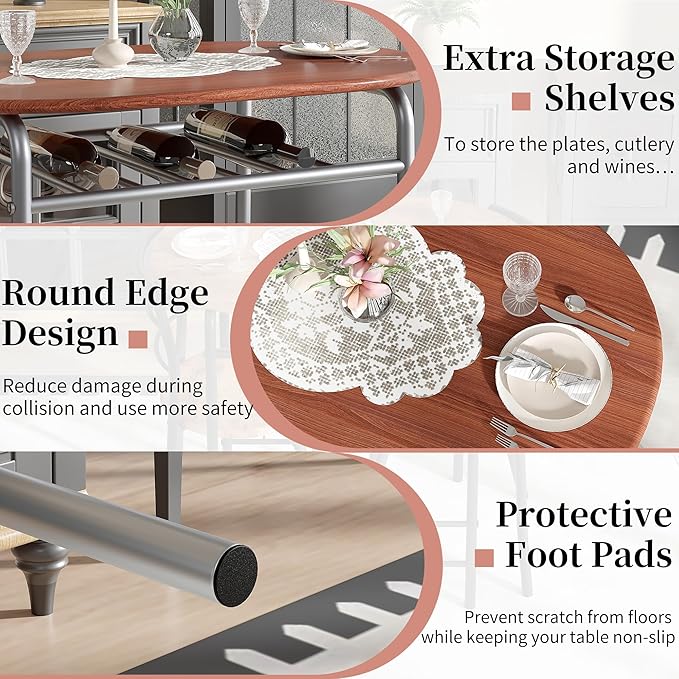 VECELO 3-Piece Dining Table Set for Kitchen Breakfast Nook, Wood Grain Oval Tabletop and Metal Frame with Built-in Wine Rack, for Small Spaces, Brown & Silver