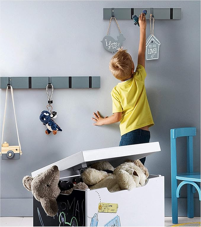 Grey Modern Wall Mounted Coat Rack, Folding Hooks, Sleek Space-Saving Hanger for Coats, Keys - 6 Hooks