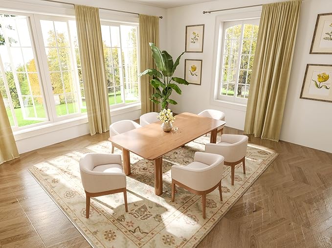 Mid-Century Modern Beige Dining Chairs Set of 8, Linen Upholstered Kitchen Dining Room Chairs with Natural Wood Legs, Curved Backrest Armchairs, Beige