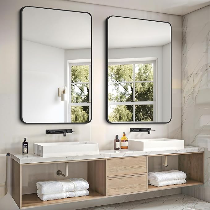 FORBATH Black Bathroom Mirror, Rectangular Vanity Mirror 30 x 48 Inch Wall Rounded Corner Metal Framed Bathroom Mirror for Living Room Bedroom Entryway Decor (Horizontal/Vertical)