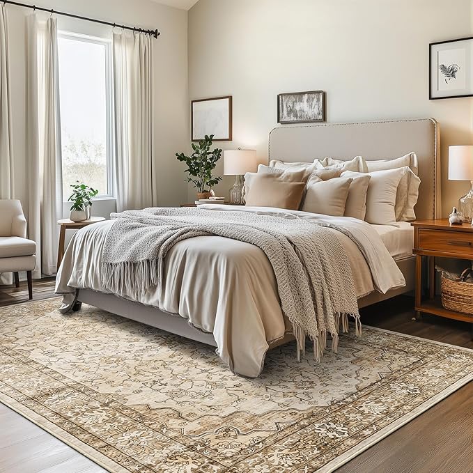 6x9 Area Rugs for Living Room,Machine Washable Low Pile Non Slip Stain Resistant Vintage Euro Floral Boho Desgin Carpet Rug for Bedroom Dining Room Kid's RoomHome Office,Natural Beige