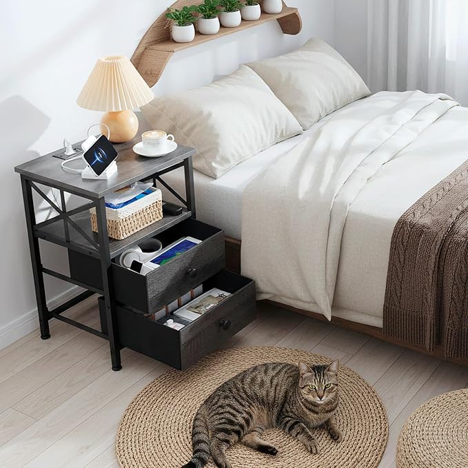 AMHANCIBLE Night Stand Set 2, Nightstand with Charging Station, End Tables Living Room with USB Ports and Outlets, Bedside Tables with Fabric Drawers for Bedroom, Dark Grey HET05XDG