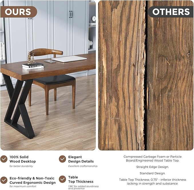 Rustic Style Solid Wood 55-inch Computer Desk - Large Office Desk for Home Office, Modern and Simple Design, Ideal for Study, Writing, Dining