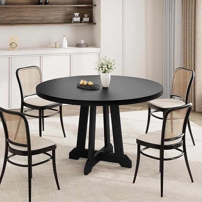 GarveeHome Round Dining Table for 4,Kitchen Dining Room Circle Dinner Pedestal Table,Space Saving Wood Kitchen & Dining Room Furniture,Black 47-inch Diameter
