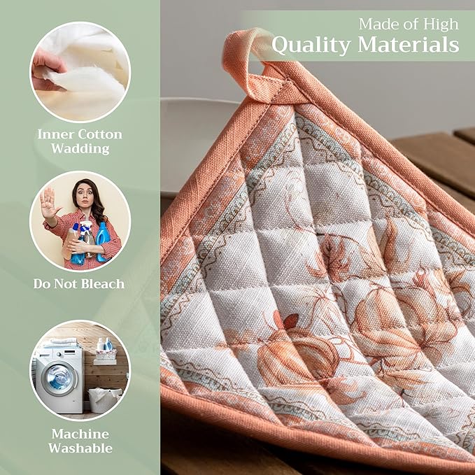 Maison d' Hermine Pot Holders 100% Cotton Heat Resistant Potholders 8" x 8" Hot Pads with Loop for Thanksgiving Christmas Decorations BBQ Cooking Baking Handling Hot Pans (Pack of 1, Giving Thanks)