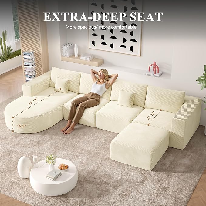 134" Boneless Couches for Living Room,Modular Sectional Sofa with Ottoman,Cloud Couch in a Box,Sponge Compression U Shaped Sofas with Chaise No Assembly Required(Beige-Corduroy Fabric) 1pcs