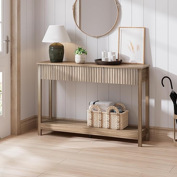 Treocho 47" Console Table with Drawers, Fluted Narrow Entryway Table with Open Shelf, Farmhouse Sofa Table Behind Couch for Hallway, Living Room, Brown Walnut