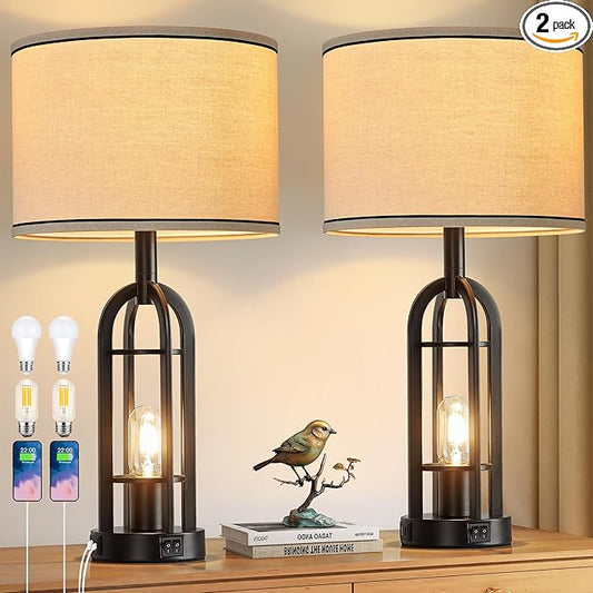 Black Table Lamps for Living Room Set of 2 - Farmhouse Industrial Lamps for Night Stands with Night Light & USB A+C, 24" Rustic Bedside Lamp for Bedroom, Bulbs Included