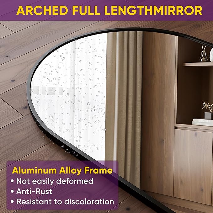 Full Length Mirror, 76"x34" Arched Floor Mirror Freestanding, Floor Standing Full Body Mirror with Stand for Bedroom, Hanging Mounted for Living Room Cloakroom, Black