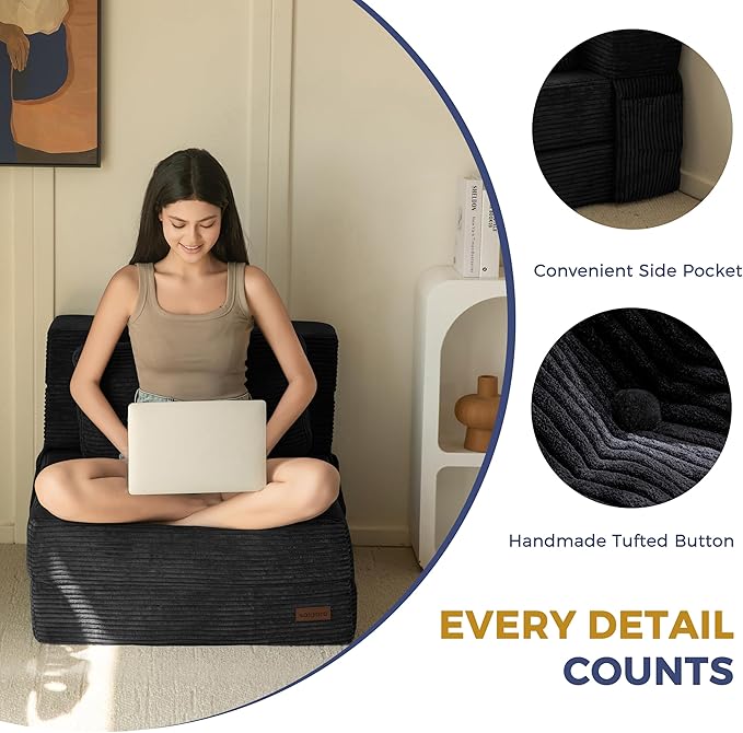 MAXYOYO Convertible Sofa Bed, Fold Out Single Sleeper Sofa with Pillow, 4 in 1 Tufted Folding Couch Bed Foam Floor Couch, Lazy Chair for Living Room Bedroom Guest Room, Black