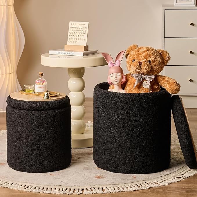 Round Ottoman with Storage Set of 2-Upholstered Sherpa Vanity Stool for MakeupMultifunctional Ottomans Coffee Table Padded Seat Foot Rest for LivingRoom&Bedroom(Sherpa, Black)