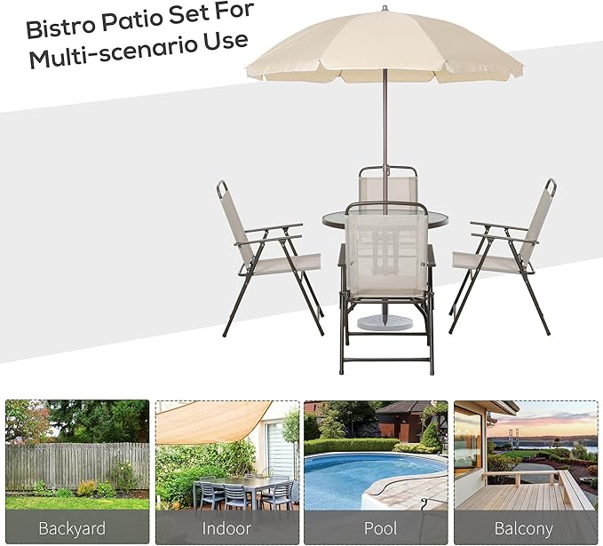Outsunny 6 Piece Patio Dining Set for 4 with Umbrella, Outdoor Table and Chairs with 4 Folding Dining Chairs & Round Glass Table for Garden, Backyard and Poolside, Beige