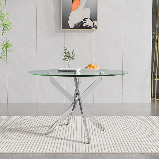 47.24" Round Glass Dining Room Table for 6 with Tempered Glass Top and Silver Metal Legs, Modern Clear Kitchen and Dinner Table for Home Office Dining Room