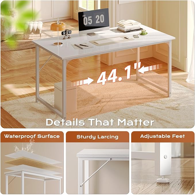 PRAISUN 48 X 24 Inch Computer Desk with Deeper Desktop, Gaming Office Writing Work Desk for Home Office, Study, Bedroom, Work from Home, Metal Frame, White