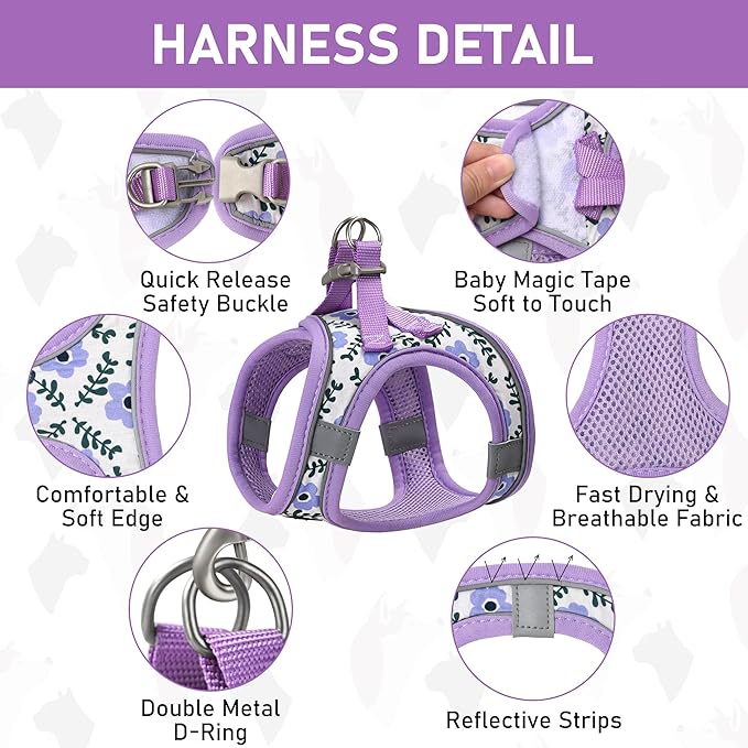 GAMUDA Small Dog Harness Collar and Leash Set, Step in No Chock No Pull Soft Mesh Adjustable Dog Vest Harnesses Plaid Reflective for Dogs Puppy Cats Kitten Rabbit (Purple Flower, M)