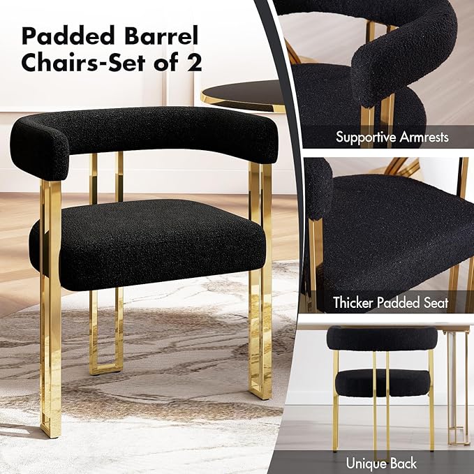 Set of 2 Modern Black Boucle Dining Chairs with Gold Metal Legs, Mid Century Accent Upholstered Barrel Armchairs with Open-Back for Kitchen, Dining Room, Living Room, Apartment