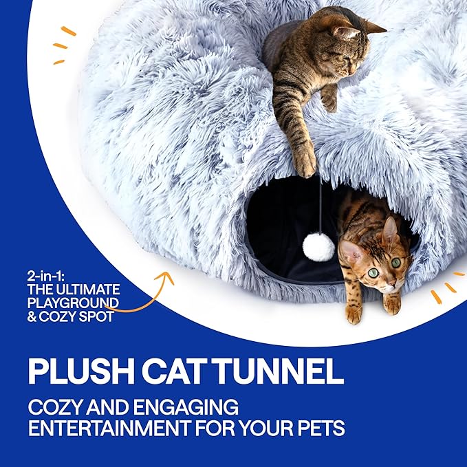 Cat Tunnel Bed Donut Cave – XL Plush Circle Hideaway for Indoor Cats, 3-in-1 Foldable Play Tunnel & Cozy Bed, Gift-Ready House Under Christmas Tree