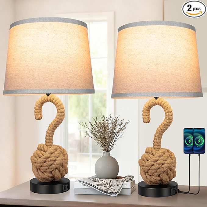 2-Pack 22" Rope Lamps for Night Stands, Boho Table Lamps for Living Room Bedroom Guest Room, 3-Color Temperatures Rattan Lamp with Rotary Switch, Bedside Lamp with USB Ports, 2 Bulbs Included