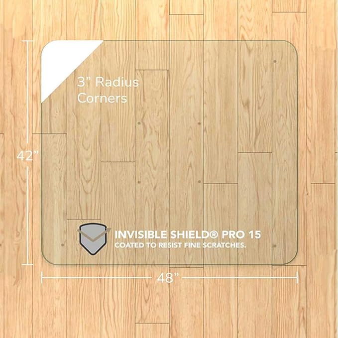 Vitrazza Glass Chair Mat 42” x 48” Superior ¼ Thick, Chiaro Standard Clear, Certified Tempered Safety Glass, Delivers a Smooth Glide, Protects Carpet or Wood, Beautiful in Home or Office.