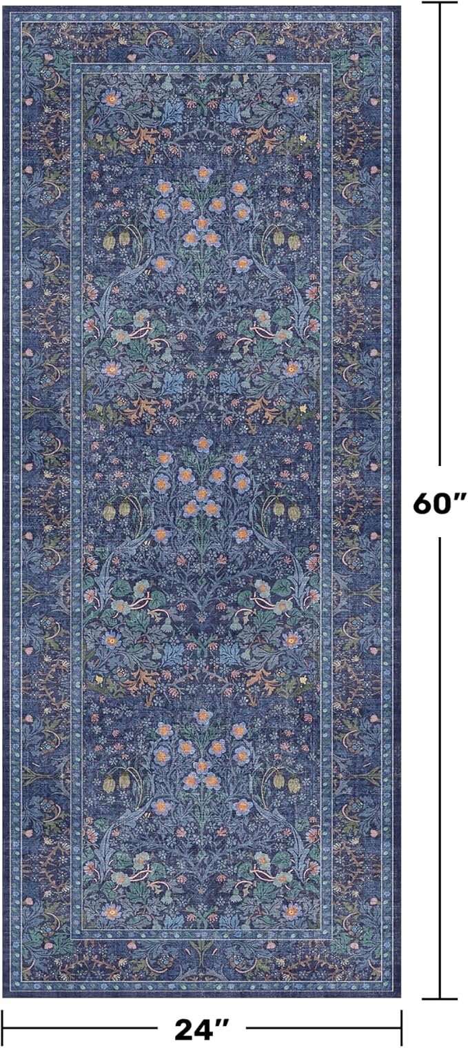 Non Slip 2x5 Dark Blue Entryway Runner Rug - Washable Small Throw Rugs for Bathroom, Bedroom, Laundry Room, Hallway, Kitchen Floor Mat, Dusky Navy Vintage Oriental Décor