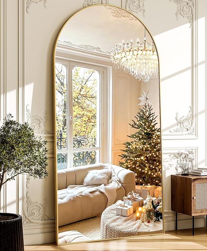 GLSLAND-34x76 inch Wall Mount Arched Full Length Mirror-Aluminum Alloy Frame High Definition-Full Body Mirror for Bedroom or Living Room,Gold