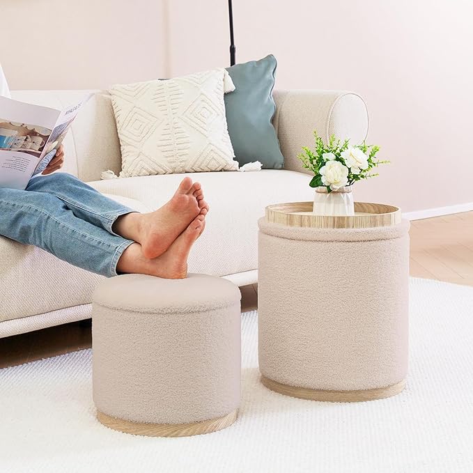 PINPLUS Round Ottoman with Storage Set of 2, Vanity Stool with Storage, Small Ottoman with Tray Teddy Velvet Foot Rest Stool Ottoman for Bedroom, Living Room, Dorm (Beige)
