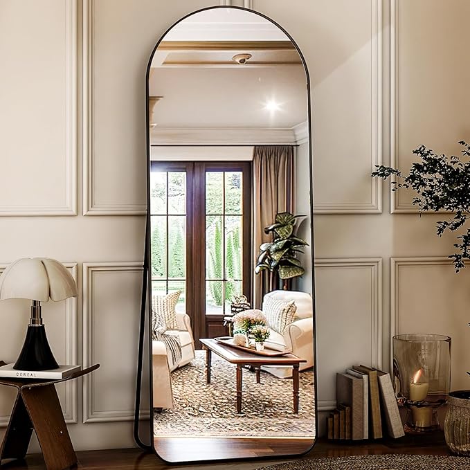 HARRITPURE Arched Full Length Mirror - 64"x21" Large Floor Standing Mirror, Aluminum Frame Dressing Mirrors with Stand for Bedroom/Living Room Wall Mounted, Black