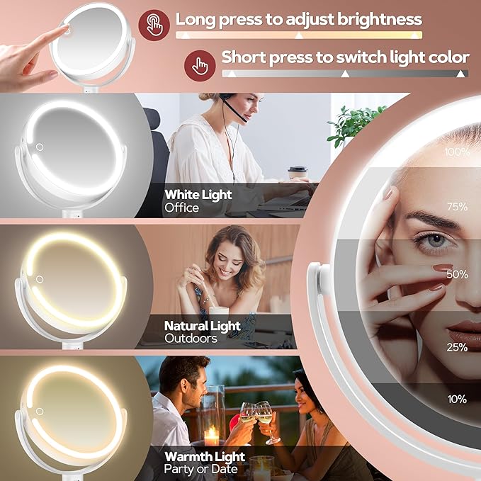 B Beauty Planet Makeup Mirror with Lights, Lighted Magnifying Mirror 30X with 3 Lighting and Adjustable Brightness, 2-Sided Height Adjustable Vanity Mirror for Bathroom, Gifts for Women White