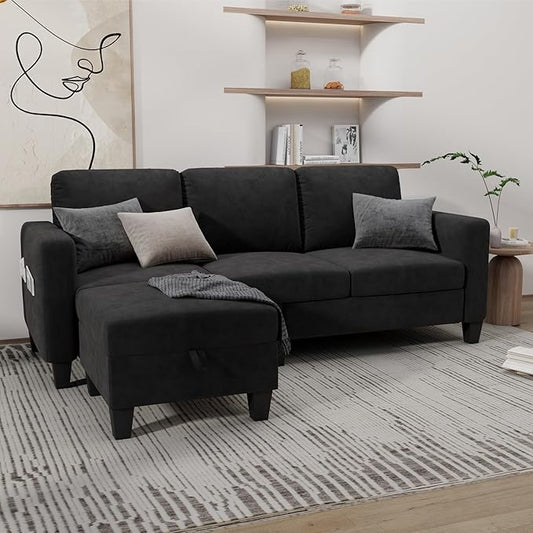 Sectional and Sofa Couches for Living Room, 3-Seater L-Shaped Sofa with Storage Ottoman, Pet-Friendly Washable Velvet Linen Fabric, Convertible Couches for Small Apartments, Bedroom (Black)