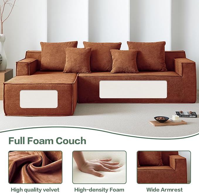 Boneless Couch for Living Room, 101" Modular Sectional Sofa Couches, L-Shape Sofa with Deep Seat, Comfy Cloud Sofa Velvet Fabric, No Assembly Required