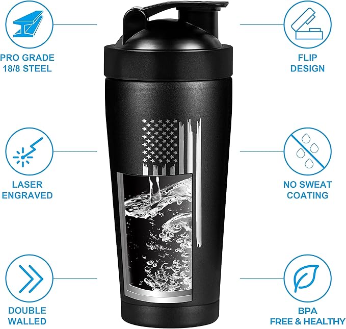 Military Gift Shop 24oz American Flag Insulated Shaker Bottle with Engraved Torn USA Flag Design with Ball | American Flag Gifts | Flag Shaker Cup