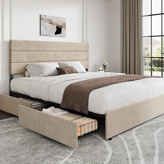 WLIVE King Size Upholstered Bed Frame with 4 Drawers and Velvet Square Tufted Headboard, Sturdy Metal & Wooden Slats Support, No Box Spring Needed, Easy Assembly, Beige