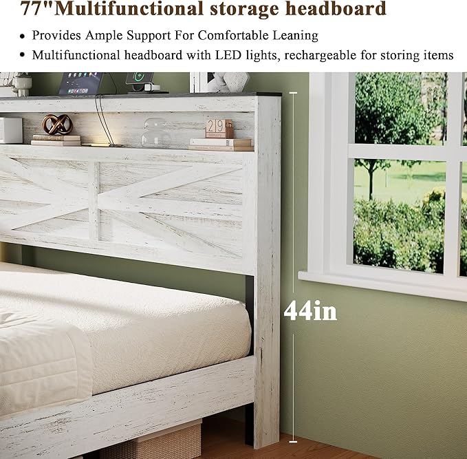 Farmhouse King Size Bed Frame with Headboard Storage Shelf, Wood Platform Bed Frame with LED Lights & Charging Station, Rustic White Metal Bed, No Box Spring Needed, Noise-Free Sturdy Structure