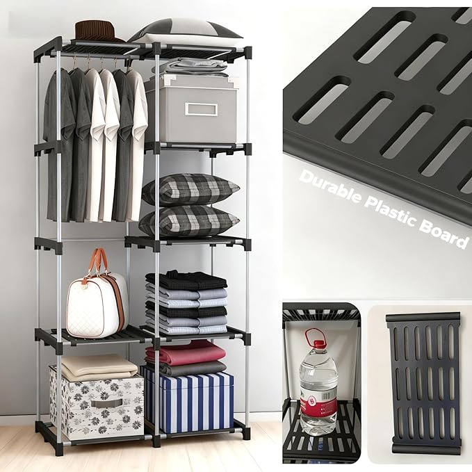 Portable Wardrobe, Clothes Organizer, Easy Hanger Wardrobe, Multiple Dividers and 3 Drawers, 6 Side Pockets Large Capacity (Durable Black)