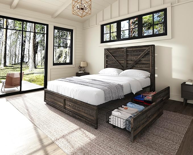 AMERLIFE Queen Size Farmhouse Bed Frame with 4 Drawers, Wooden Storage Bed Frame with Headboard and Heavy Duty Metal Slats, Noisy Free, Easy Assemble, Rustic Black