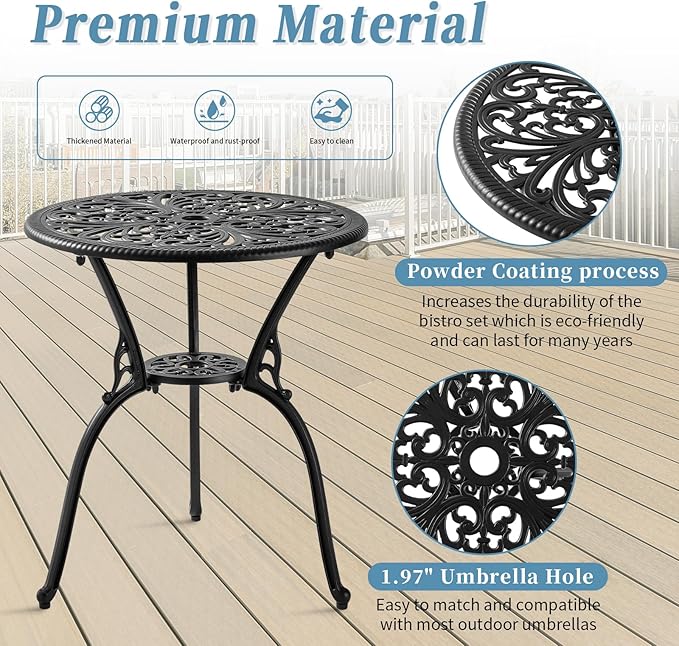 Patio Bistro Set 3 Piece with Cushions, All Weather Bistro Table and Chairs Set of 2 with Umbrella Hole, Outdoor Bistro Set, Cast Aluminum Patio Furniture Set for Garden Porch, Black