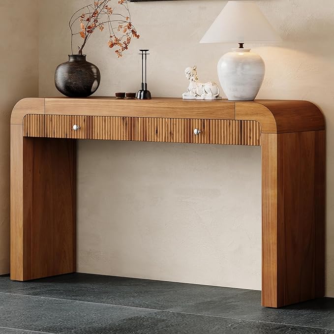 Farmhouse Modern Curved Console Table 54.3-Inch Sofa Entry Table Fluted Accent Tables with Storage Drawers for Living Room Entryway Hallway Furniture, Brown
